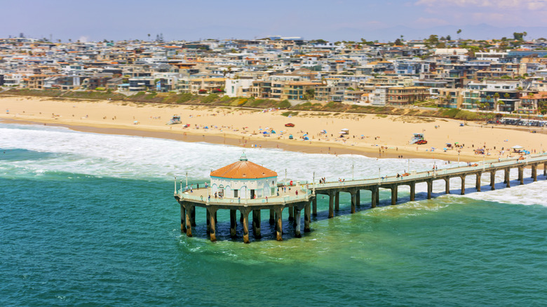An aerial view of Huntington City Beach and the Huntington Beach Pier