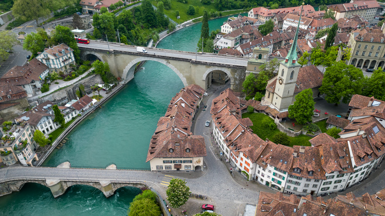 An aerial view of Bern Old City and the Aare River