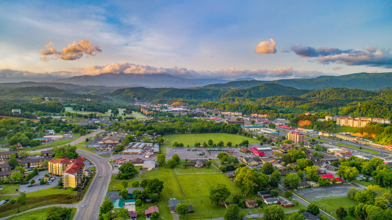 Aerial view of Pigeon Forge with mountains in the background