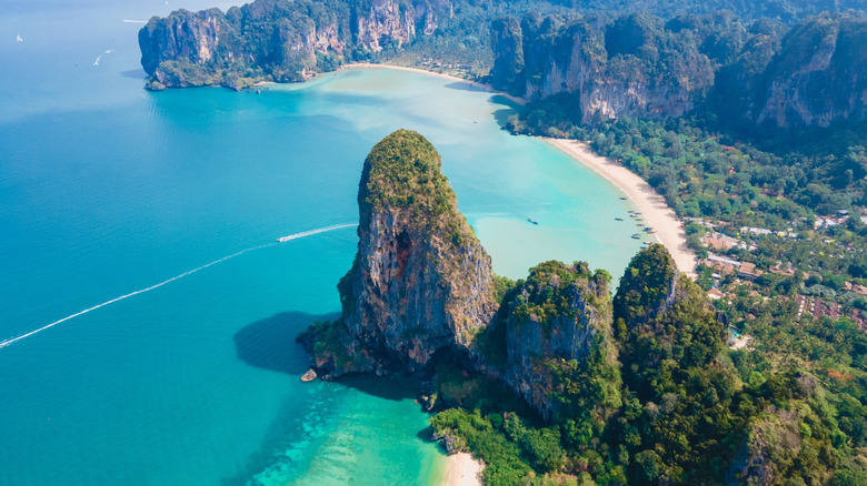 Aerial view of the unique formations lining the Thai coast in Krabi