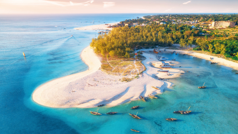Aerial view of the fishing boats on tropical sea coast with sandy beach at sunset. Summer travel in Zanzibar, Africa. Top view of boats, yachts, green palm trees, clear blue water, colorful sky