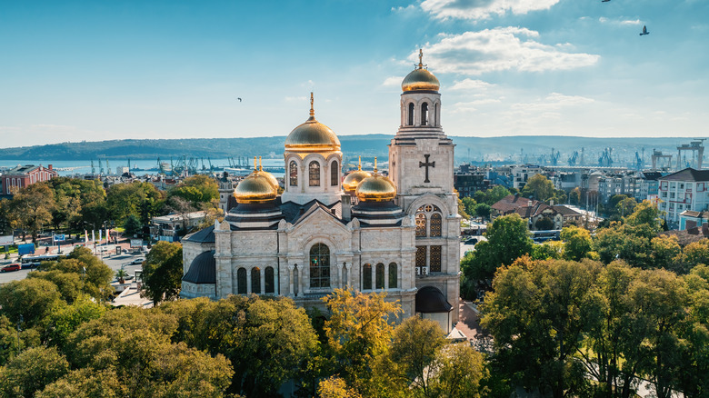 Aerial view of Varna city center and cathedral in Bulgaria.
