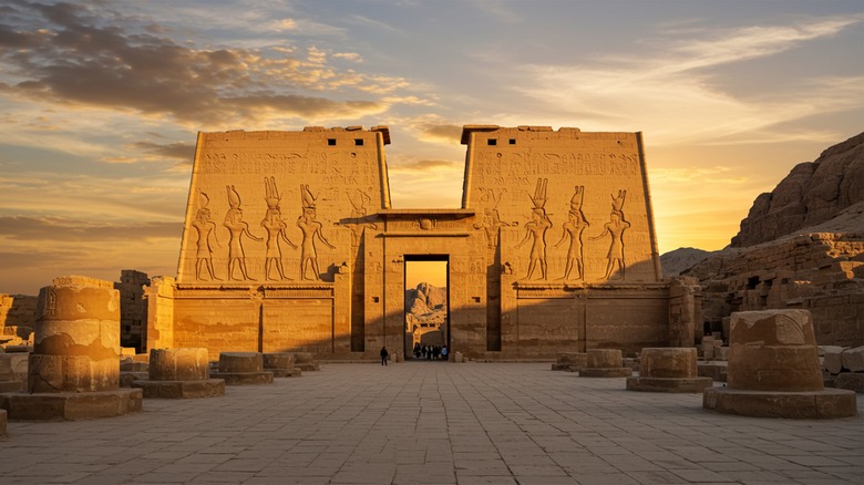 Temple of Hathor in Dendera Egypt at sunset with dramatic sky