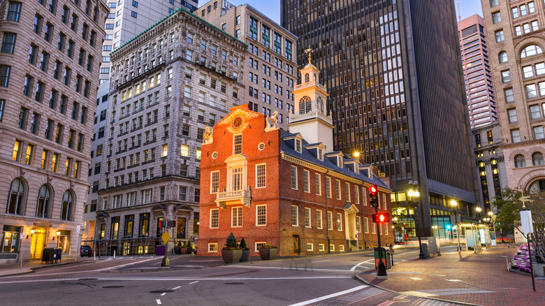 The Old Massachusetts State House illuminated in downtown Boston