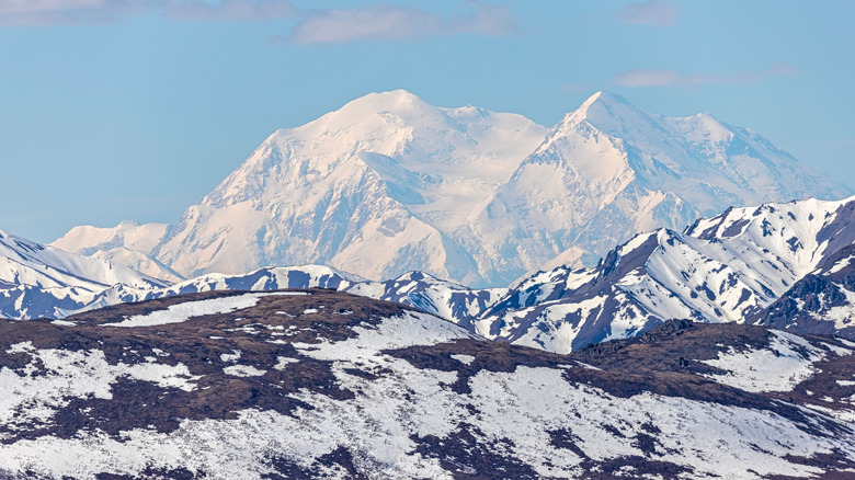A scenic vew of Mount Denali with snow-capped peak in Alaska