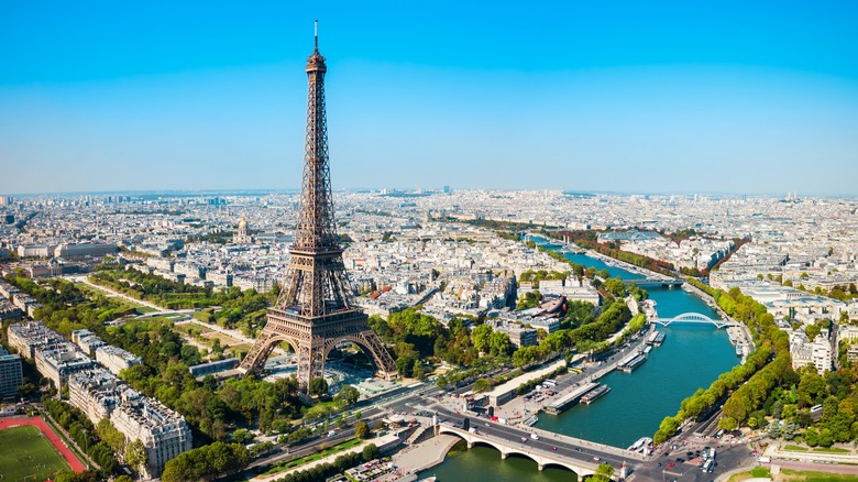 Eiffel Tower and Paris skyline over Seine River