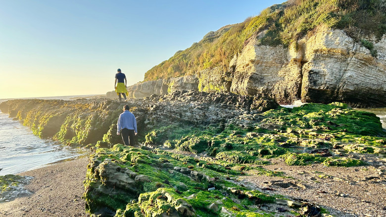 Two people explore rocks at Spooner's Cove near Los Osos, California