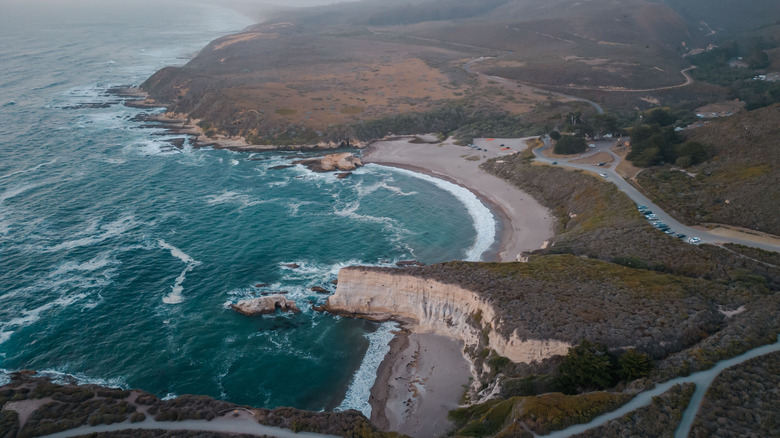 An aerial view of Spooners Cove near Los Osos covered in a hazy fog