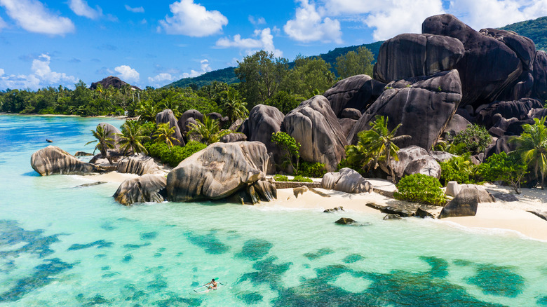 Beautiful beach with white sand on a tropical island in the Seychelles