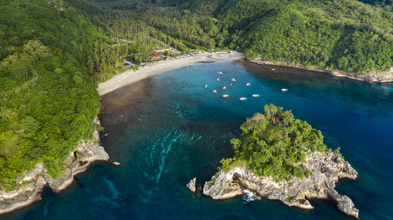 Aerial drone landscape of Crystal Bay beach in Nusa Penida