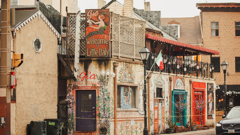 "Welcome to Little Italy" poster on Little Italy historic neighborhood restaurants in Baltimore, Maryland,