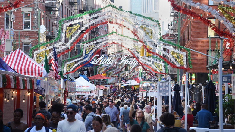 View of the annual San Genaro Festival crowded with people in the Little Italy neighborhood of Manhattan.