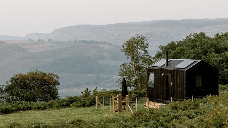 Modern black cabin with chopped wood in the English countryside