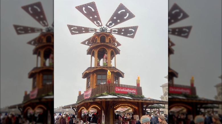 The centerpiece of the Carmel Christkindlmarkt on a foggy, gray winter day