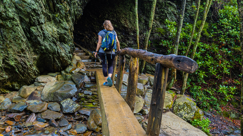 A hiker crosses a bridge on the Alum Cave Trail in Great Smoky Mountains National Park