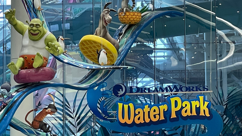 Dreamworks Water Park entry sign featuring Shrek, Donkey, and Madagascar characters at American Dream shopping mall in East Rutherford, New Jersey,