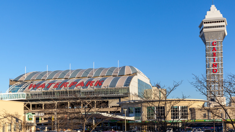 Exterior structure and sign of the Fallsview Indoor Waterpark in Niagara Falls, Ontario.