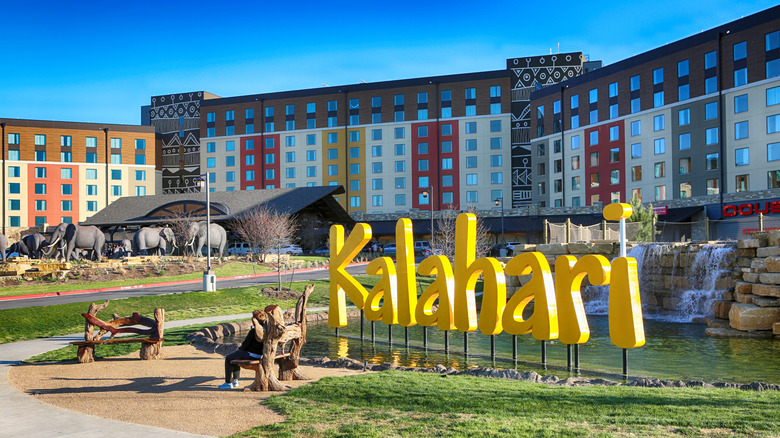 Kalahari Resort exterior signage in Round Rock, Texas with elephant statues and a water feature