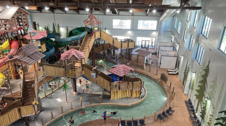 Indoor waterpark with slides, a lazy river, and various play structures at Great Wolf Lodge Northern California waterpark, Manteca, California,