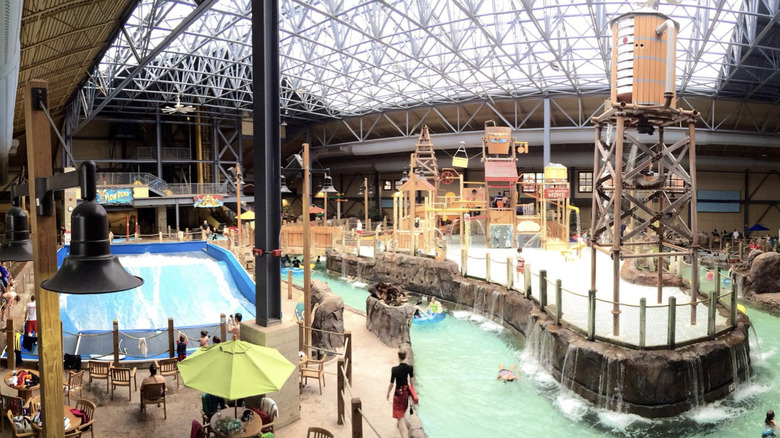 View of Silver Rapids Indoor Waterpark featuring a mining theme and glass roof at Silver Mountain Resort, Idaho