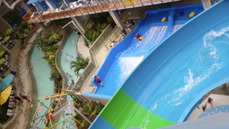 View of waterslides, surf machine, and elegant lazy river at The Kartrite Resort in the Catskills