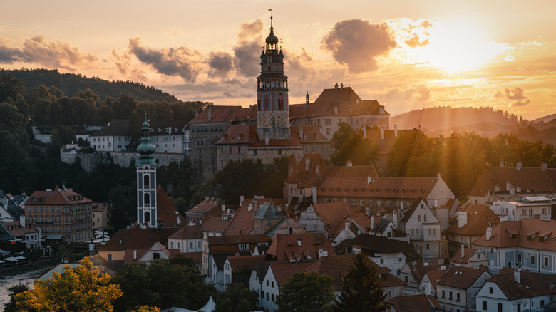 Český Krumlov medieval town and castle at sunset