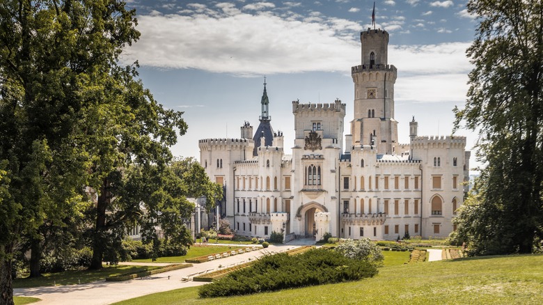 White stone exterior of Hluboká Castle on a sunny day