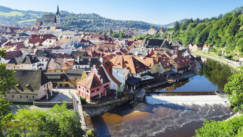 Aerial view over the medieval Czech town of Cesky Krumlov along the Vlatava River