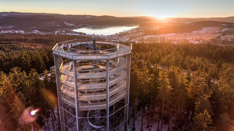 Sunset view of the Circular Lipno Treetop Walk in Sumava National Park