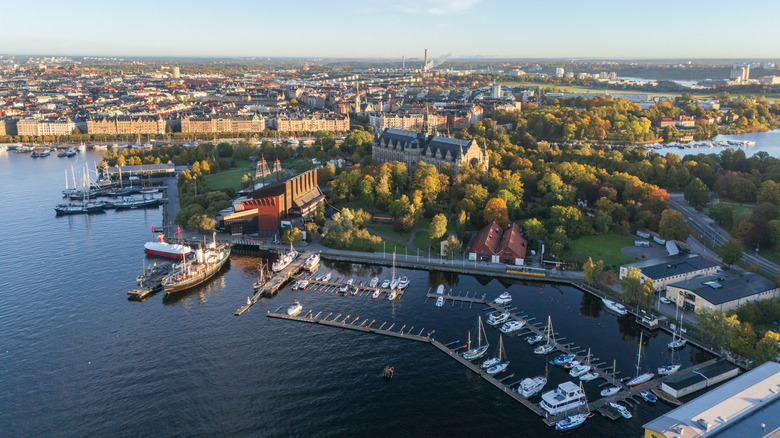 Aerial view of Stockholm, Sweden, with Djurgården, Östermalm, Strandvägen and Gärdet, at dawn, beautiful autumn colours.
