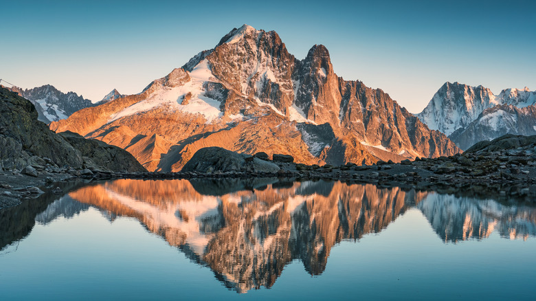 Evening view of Mont Blanc reflected in an alpine lake