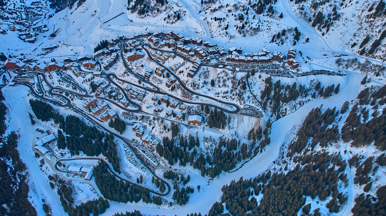 Aerial view of snowy peaks in the Three Valleys region