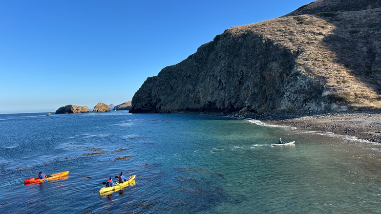 Three kayaks approach the beach of Santa Cruz Island