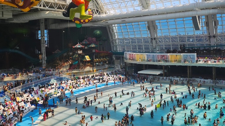People in the wave pool at Dreamworks Water Park