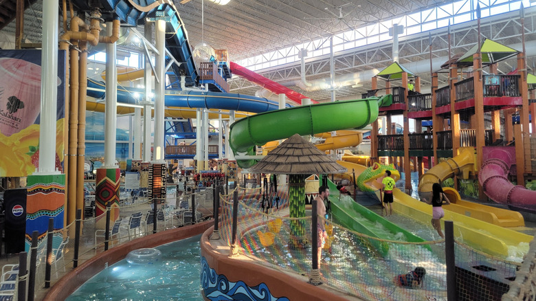 The indoor water park in the Wisconsin Dells location of Kalahari Resorts, filled with colorful waterslides