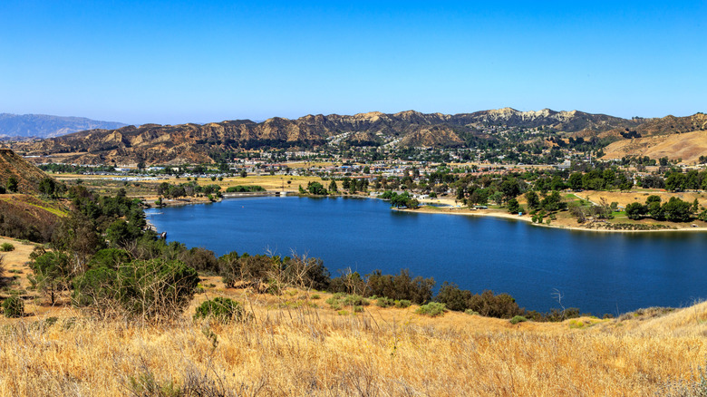 Castaic Lake, surrounded by green and yellow grass, with mountains in the background