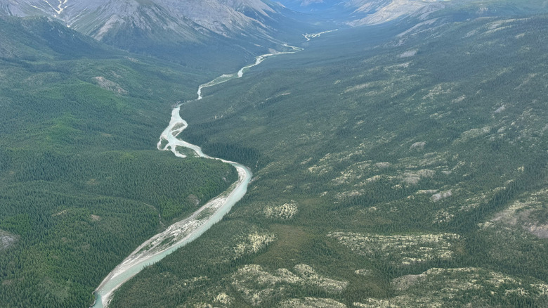 Aerial view of a river flowing through Gates of the Arctic National Park