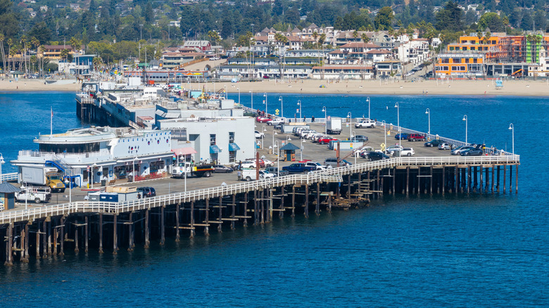 A closer view of the Santa Cruz Wharf, taken from above the ocean, with the town in the distance