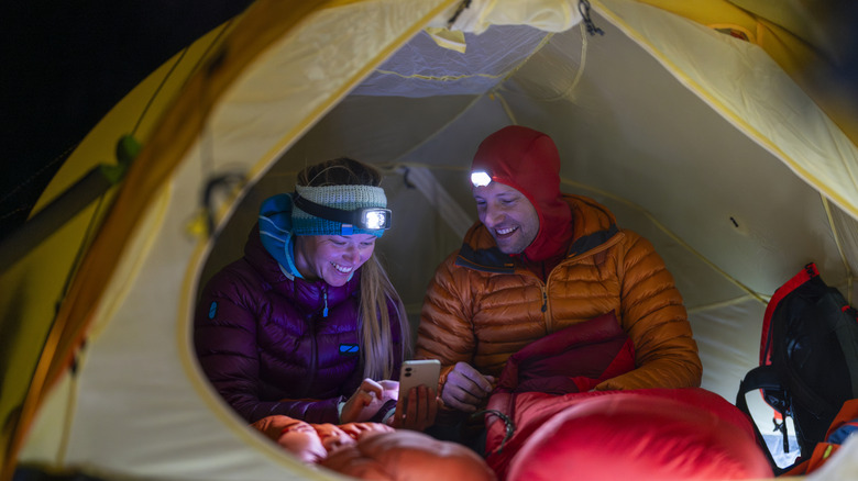 People inside sleeping bags in a tent, looking at a phone