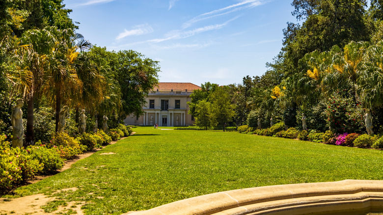 A sprawling green lawn surrounded by trees at the Huntington Botanical Gardens