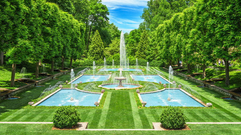 View of geometric fountains at Longwood Gardens
