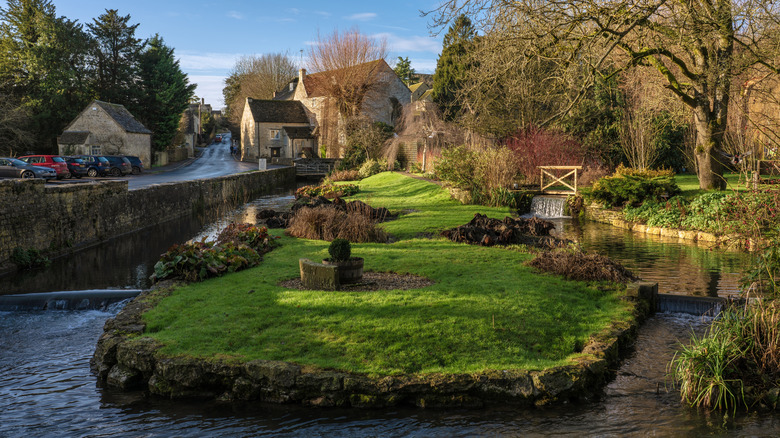 Scenic gardens in the traditional English village of Bibury.