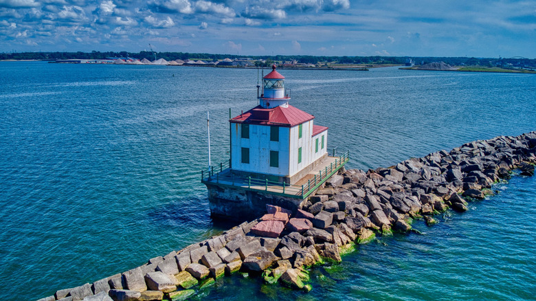 Aerial view of the Ashtabula Lighthouse on Lake Erie near Ashtabula, Ohio