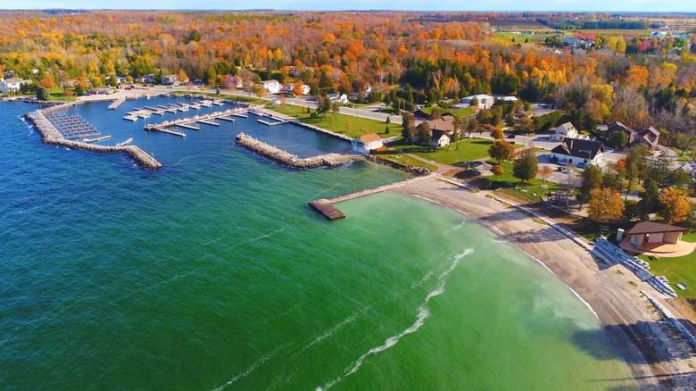 An autumnal aerial view of Sister Bay, Door County, Wisconsin, including its harbor