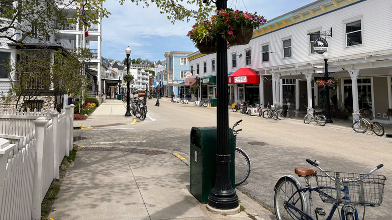 Bicycles and buildings in town on Mackinac Island