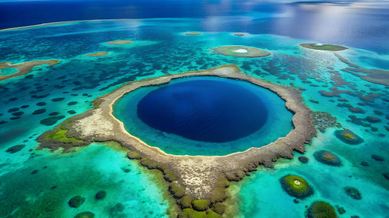 Aerial view of the Great Blue Hole, surrounded by stunning turquoise Caribbean water, a natural wonder in Belize
