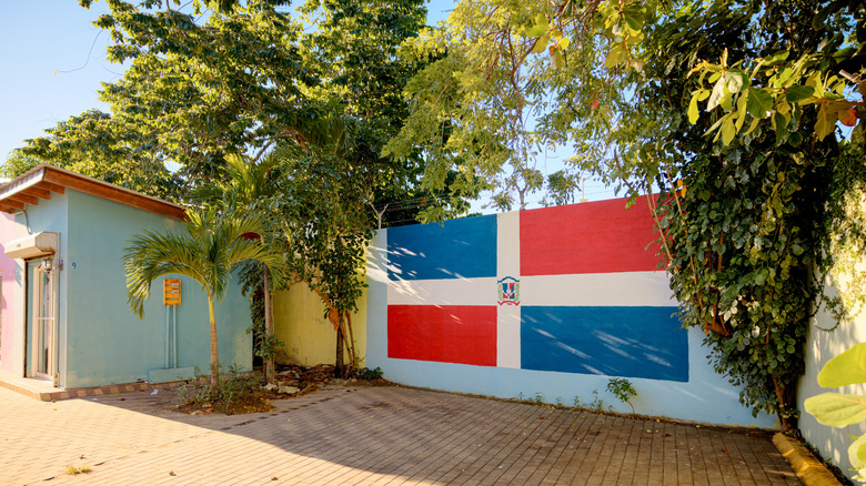 Painted national flag on a laneway wall outside of Puerto Plata in the Dominican Republic surrounded by palm trees and tropical foliage