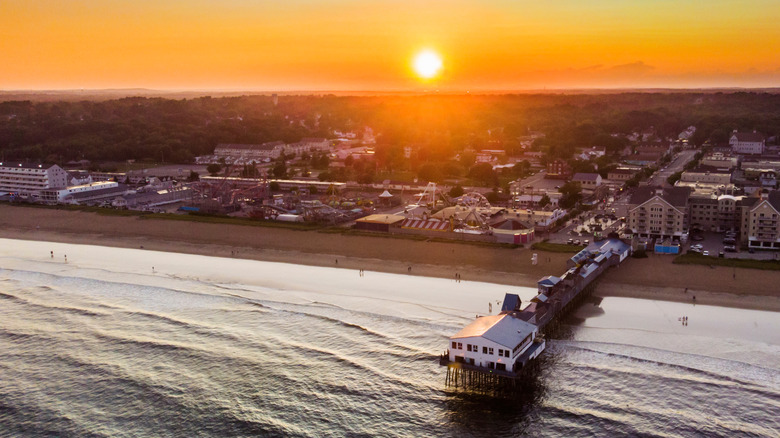aerial view of old orchard beach at sunset