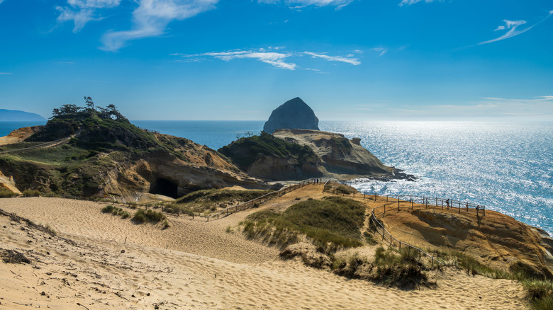 An elevated view of dunes and rocks at Cape Kiwanda State Natural Area near Pacific City, Oregon
