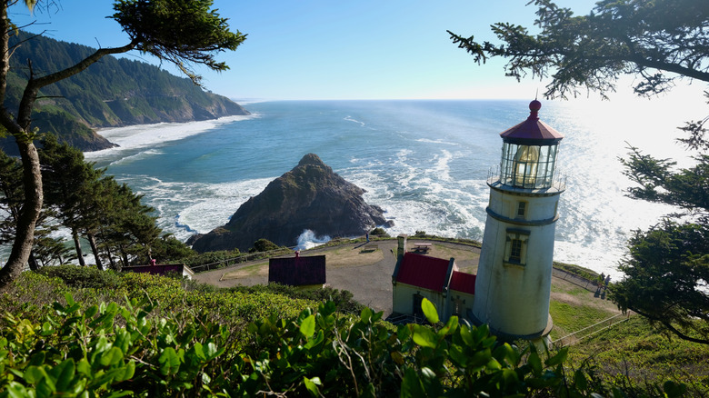 Heceta Head Lighthouse on the Oregon coast, viewed from above